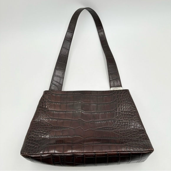 Vintage Furla Genuine Leather Croc Embossed Brown Shoulder Bag - Picture 9 of 14
